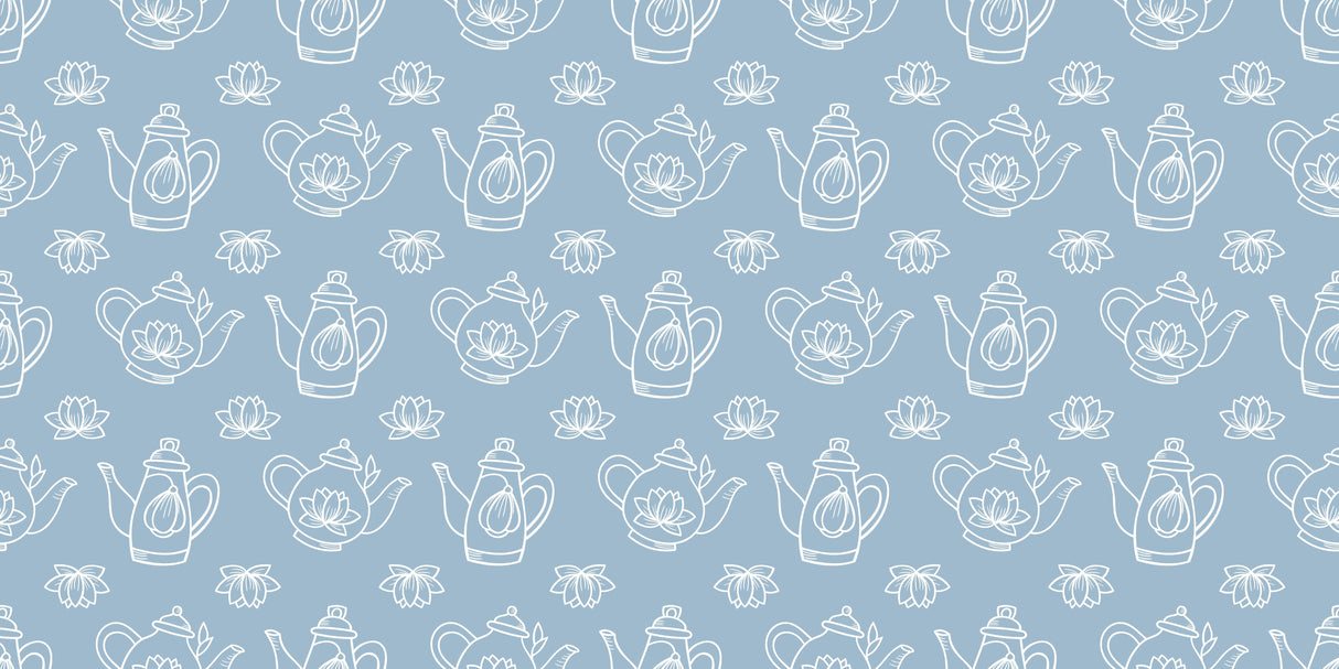 Design file showing delicate lotus and teapot line art pattern on powder blue background