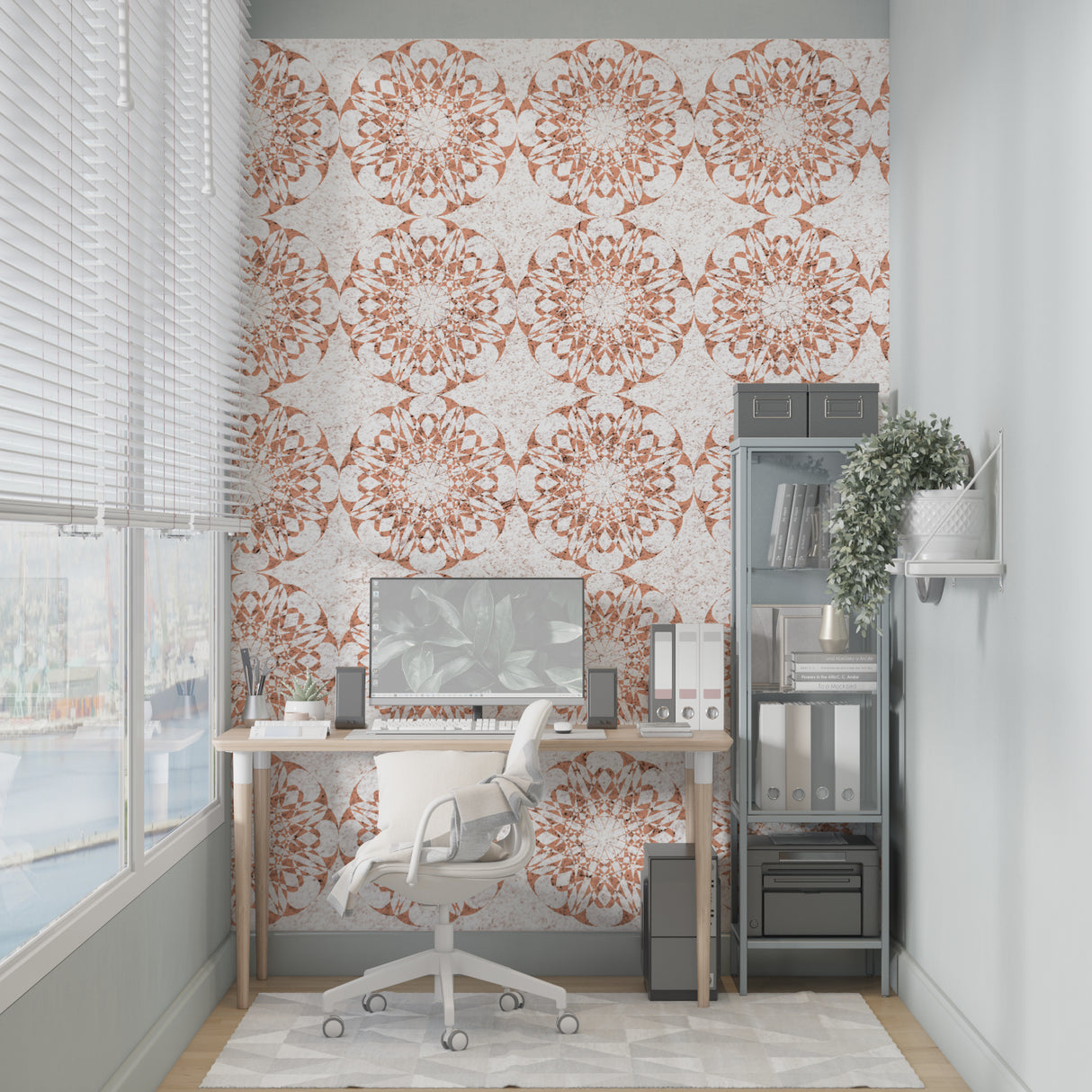Terracotta mandala pattern wallpaper in a bright modern living room creating a peaceful atmosphere