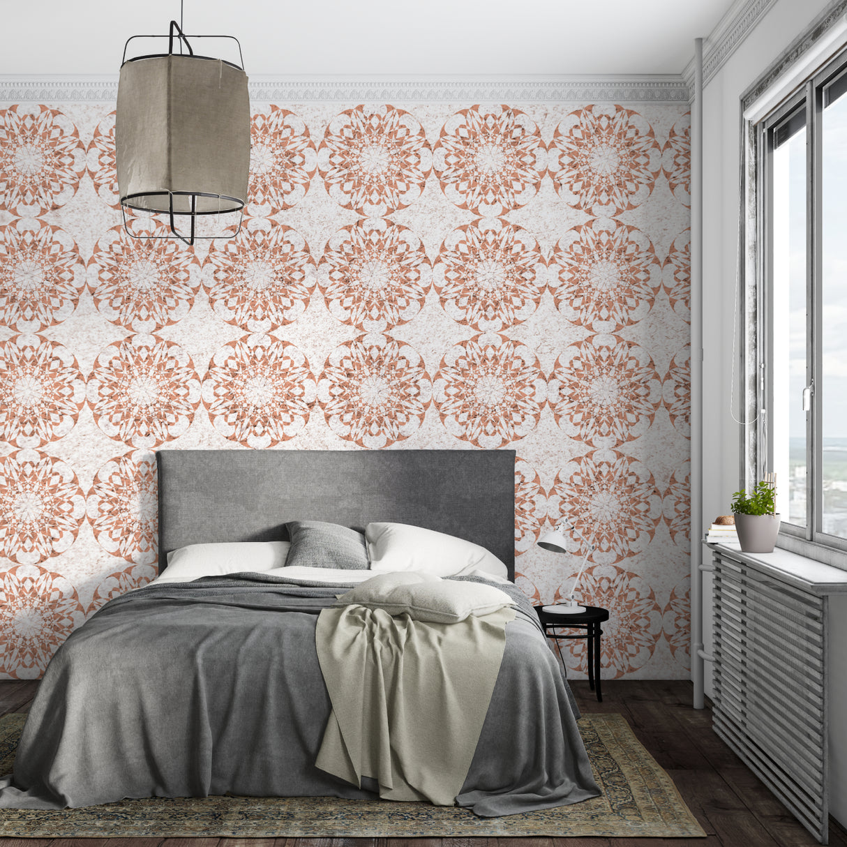 Geometric mandala wallpaper adding warmth to a minimalist dining room