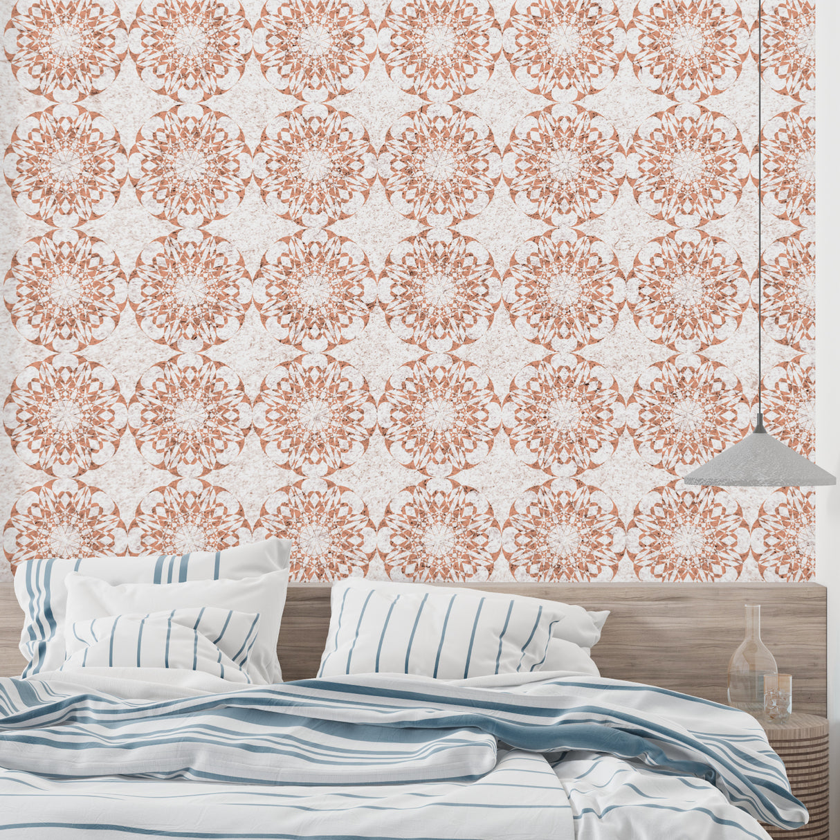 Mandala pattern wallpaper showcased in a modern bedroom setting