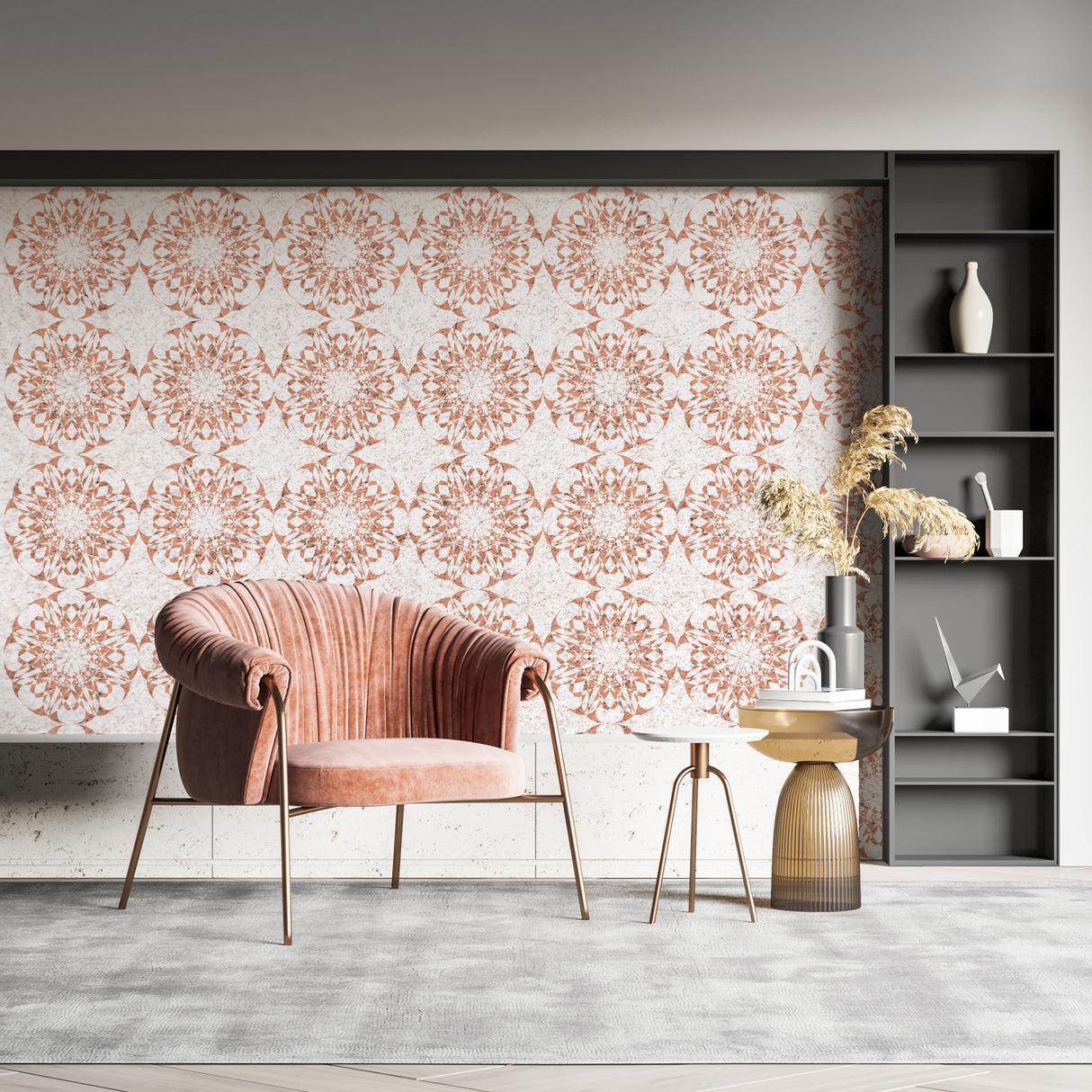 Terracotta geometric wallpaper making a statement in an entrance hall