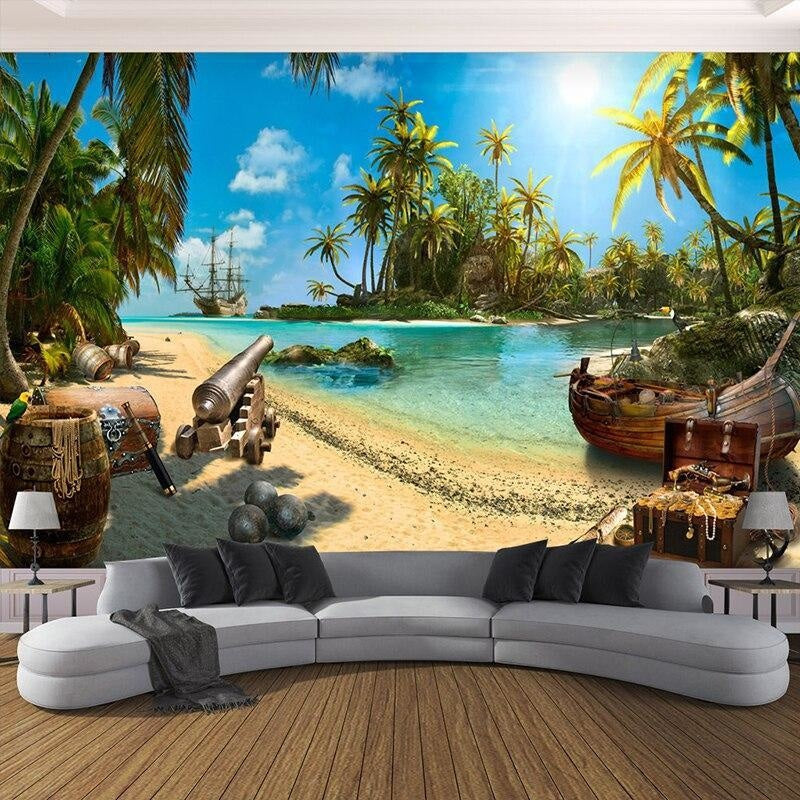 Pirate Mural Wallpaper | Tropical Beach Paradise with Ship