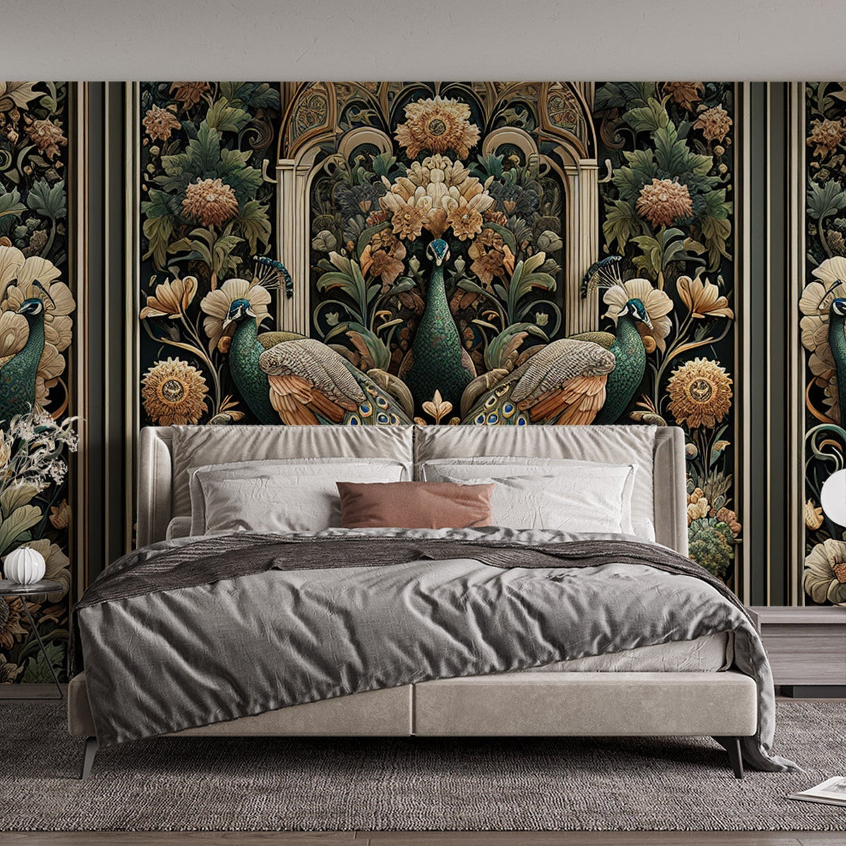 Peacock Art Deco wallpaper creating dramatic impact in a modern dining room with golden lighting