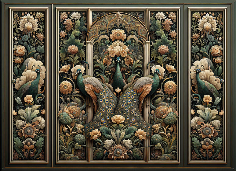 Peacock wallpaper design file showing detailed Art Deco pattern with golden arches and emerald plumage