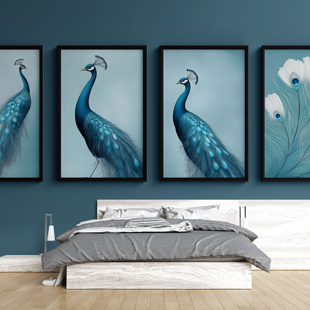 Peacock feather wallpaper creating an elegant atmosphere in a modern living room with blue and gold accents