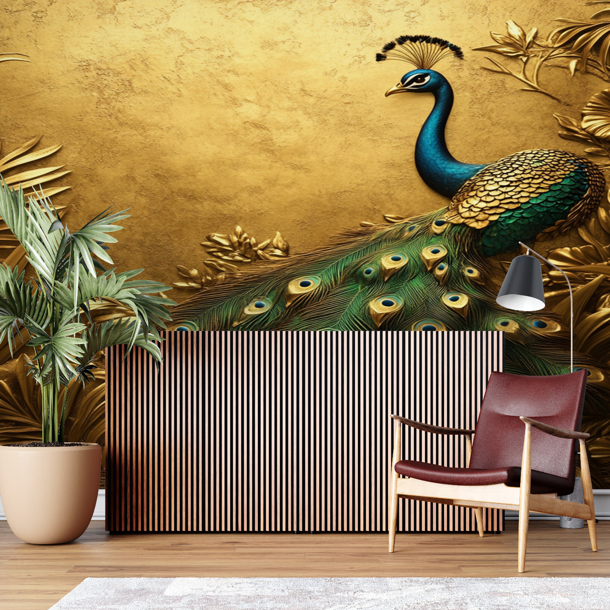 Peacock wallpaper mural creating drama in a modern living room with gold accents