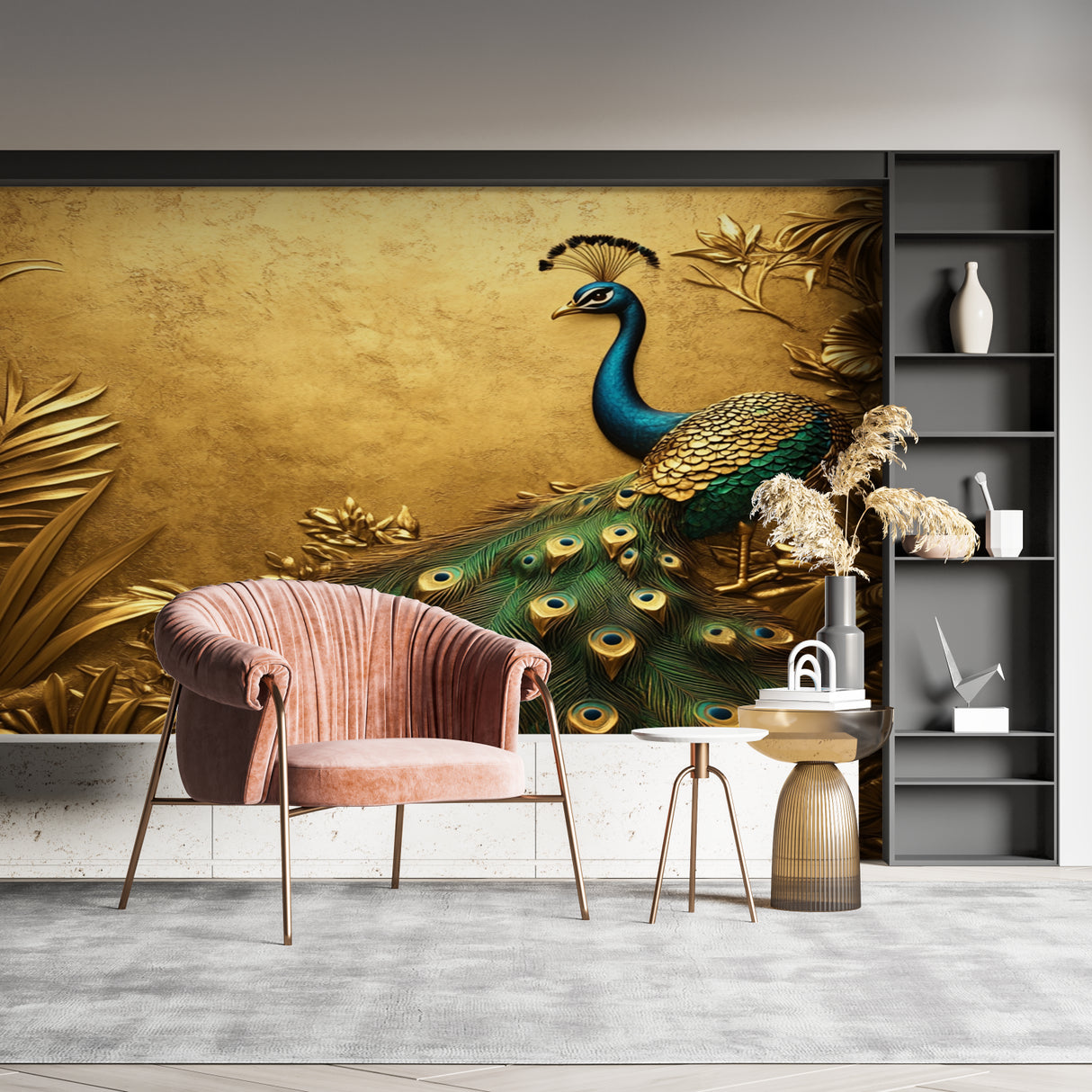 Elegant dining room featuring peacock wall mural with emerald and gold tones