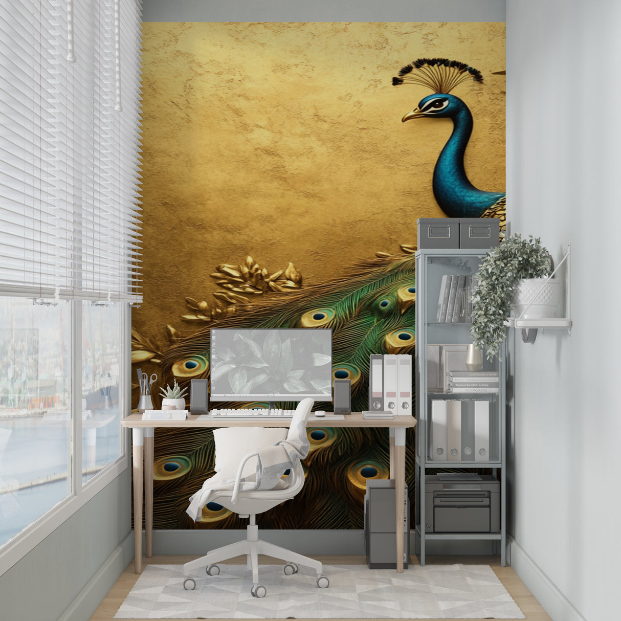 Master bedroom with luxury peacock wallpaper showing metallic gold details