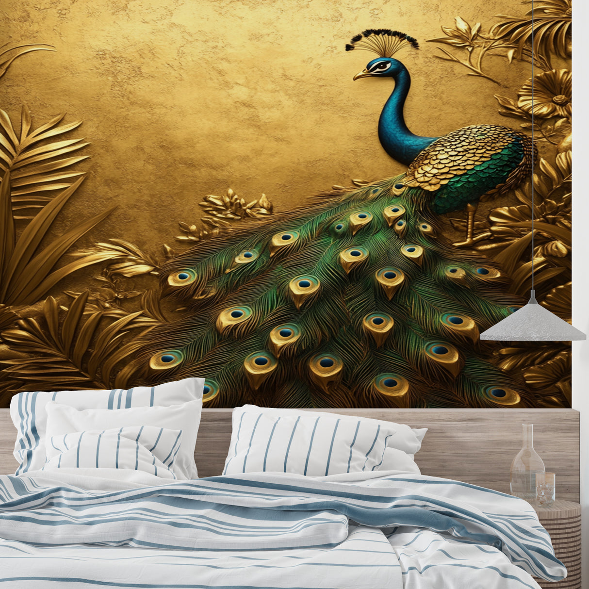 Art deco style home office with peacock mural adding rich color