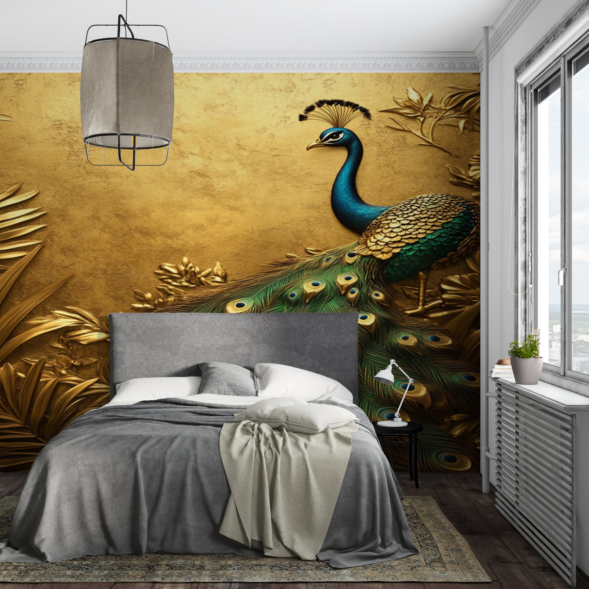 Boutique entrance hall showcasing golden peacock wallpaper design
