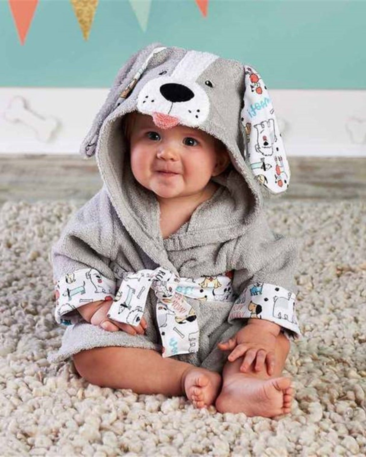 Baby Bath Robe  Gray Cotton Puppy Hood Design - Product showcase