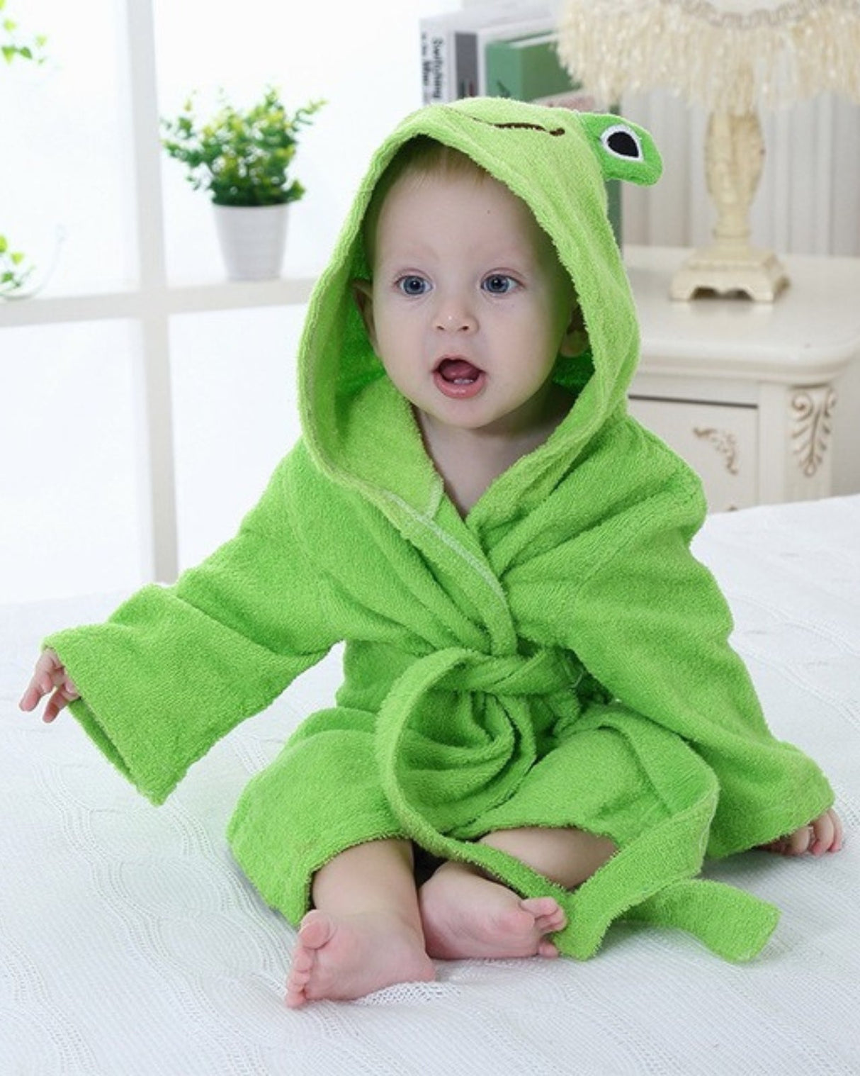 Kids Hooded Bathrobe  Green Frog Design Cotton Terry - Product showcase