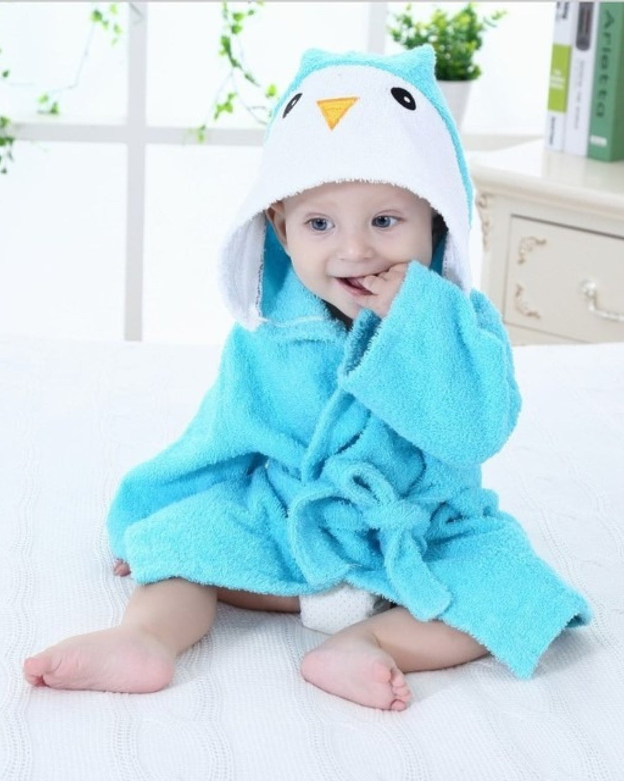 Baby Hooded Bathrobe  Penguin Design Cotton Terry - Product showcase