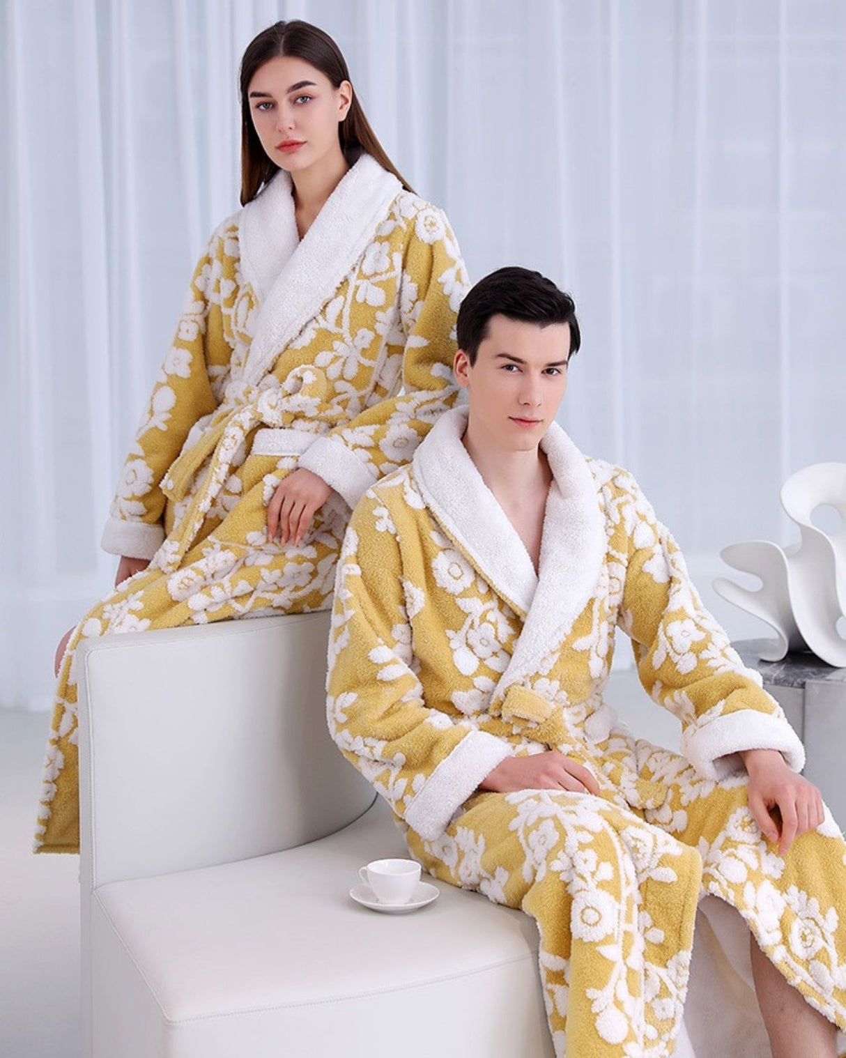 Floral Plush Bathrobe Yellow White Blossom Pattern - Product example
