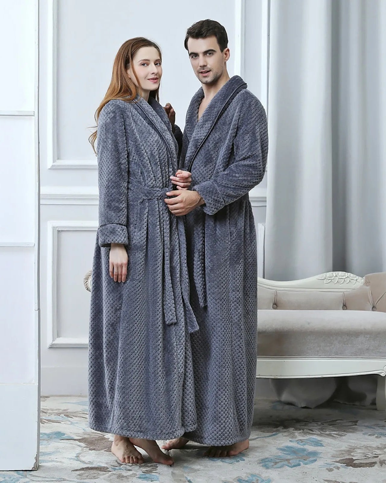 Luxury Fleece Bathrobe  Plush Gray Quilted Design - Product showcase