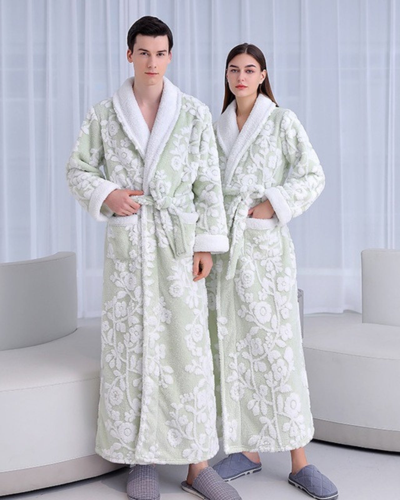 Luxury Floral Bathrobe Set  Sage Green Fleece With White Blooms - Product showcase