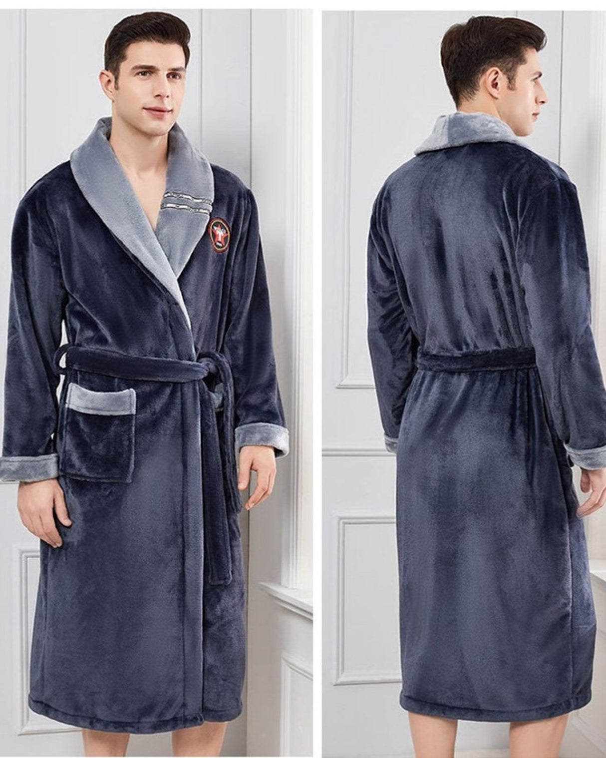 Mens Plush Bathrobe  Navy Blue Shawl Collar Design - Detailed view