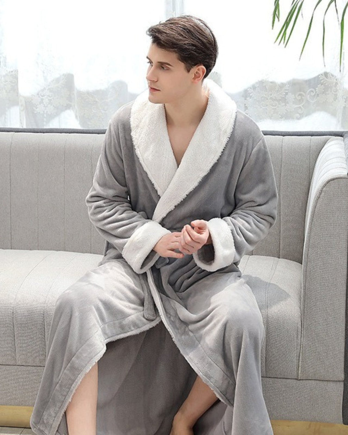 Plush Mens Bathrobe  Shawl Collar Long Grey Fleece - Detailed view