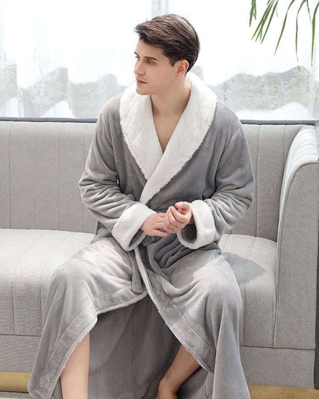 Plush Mens Bathrobe  Shawl Collar Long Grey Fleece - Detailed view