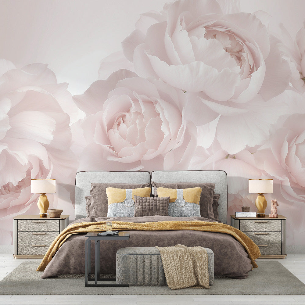 Pink Peony Wallpaper Mural styled in a bright modern bedroom, showing large-scale blooms creating a peaceful atmosphere