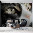 Black and white cat portrait wallpaper creating a dramatic focal point in a minimalist living room with natural lighting