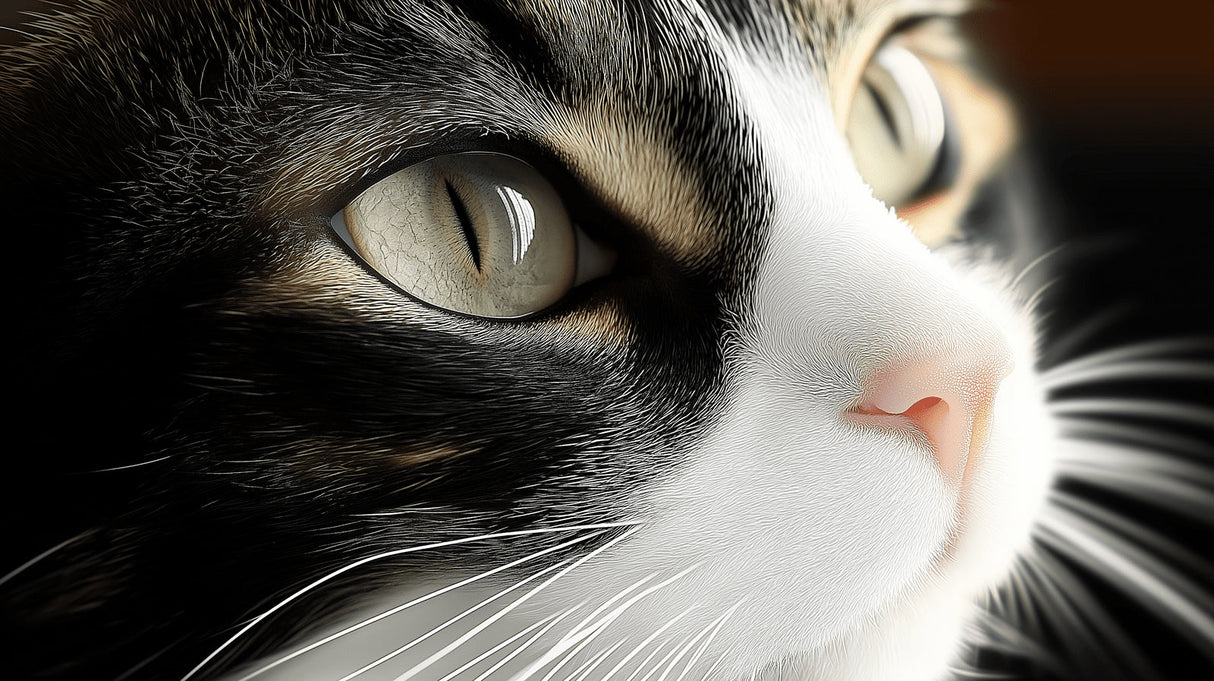 Black and white cat close-up design file showing intricate whisker detail and mesmerizing eyes