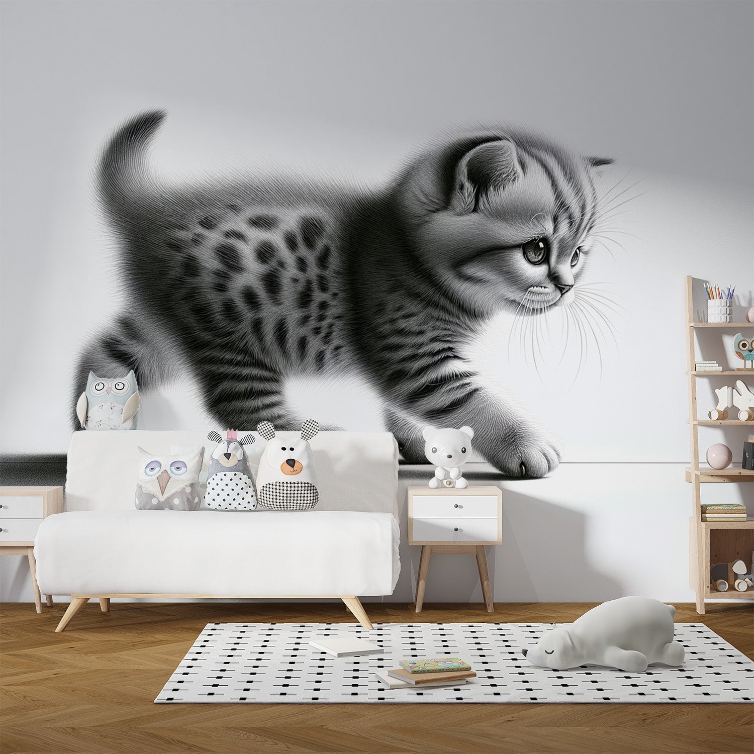 Black and white cat wallpaper mural shown in modern living room, creating elegant monochromatic accent wall