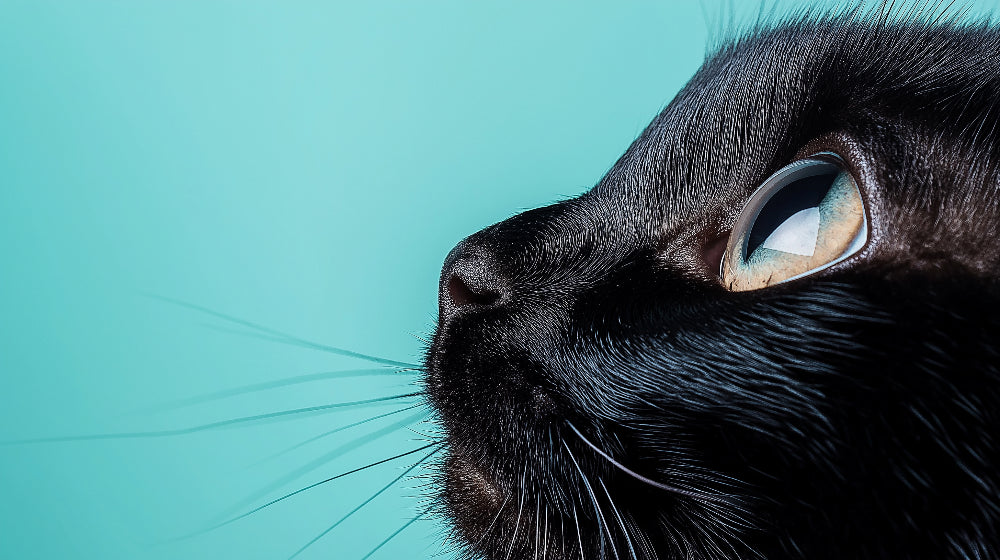 Black cat close-up wallpaper design file showing detailed feline portrait on turquoise background