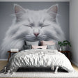 White cat portrait wallpaper creating a peaceful atmosphere in a modern living room with grey furniture and natural light