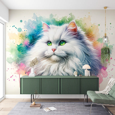 Watercolor cat wallpaper creating a stunning focal point in a modern living room with white furniture and green accents