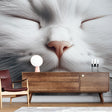 White cat portrait wallpaper creating a serene atmosphere in a modern living room with minimalist furniture