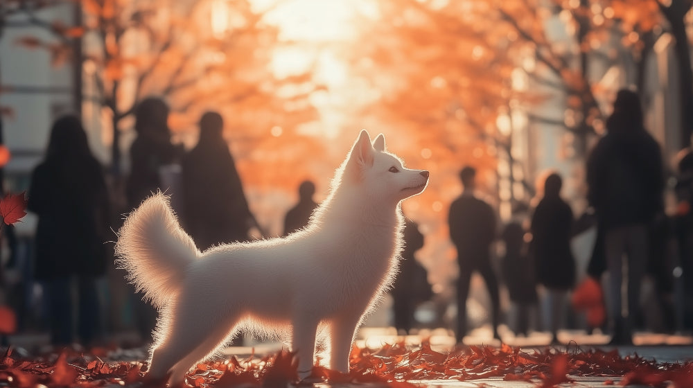 White dog in autumn glow design file, showing detailed pet portrait against warm fall colors
