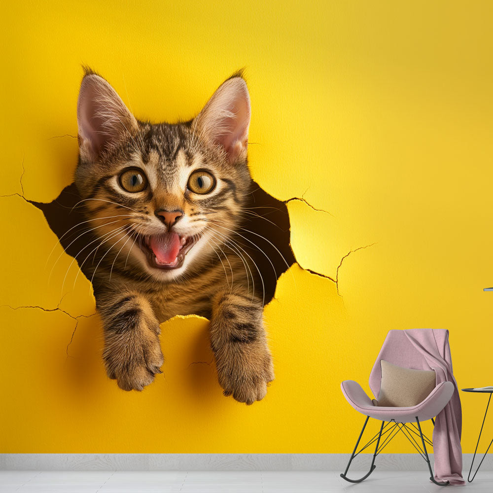 3D Cat Breaking Through Wall Mural showcased in a bright modern living room, creating a playful focal point