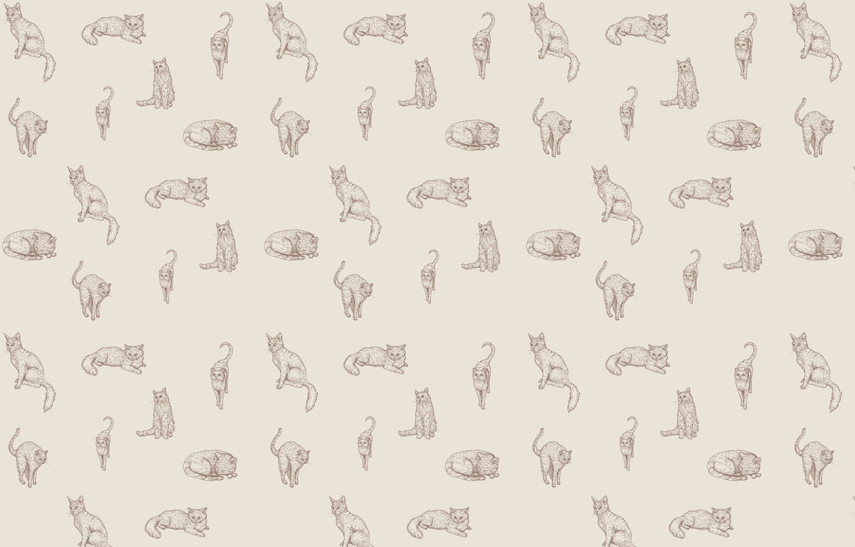 Hand-sketched cat pattern design file showing detailed feline illustrations in soft brown tones