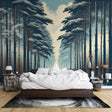 Pine forest wallpaper creating depth in a modern living room, snowy path design adding perspective to white walls