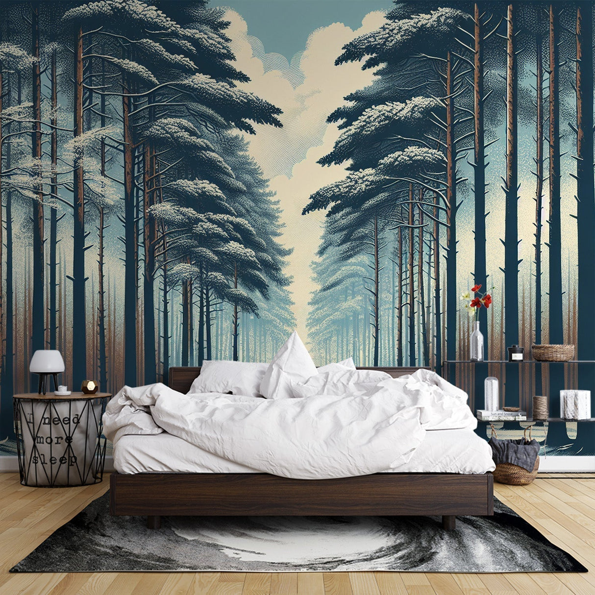 Pine forest wallpaper creating depth in a modern living room, snowy path design adding perspective to white walls