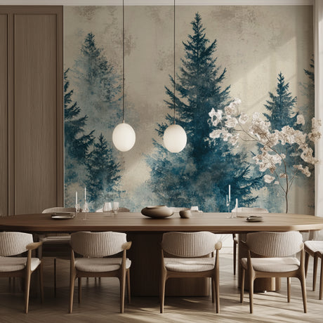 Teal pine tree forest mural wallpaper creating depth in modern living room with grey sofa