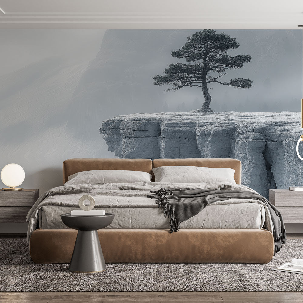 Mountain pine tree wallpaper creating a serene atmosphere in a modern minimalist living room with grey furniture