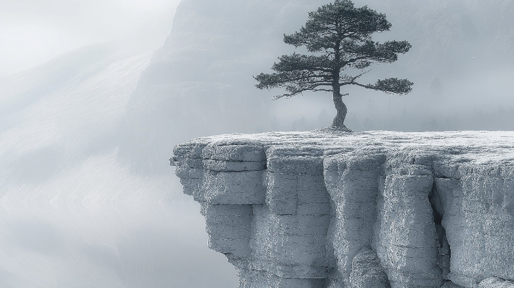 Mountain pine tree design file showing detailed misty cliff and lone pine tree pattern