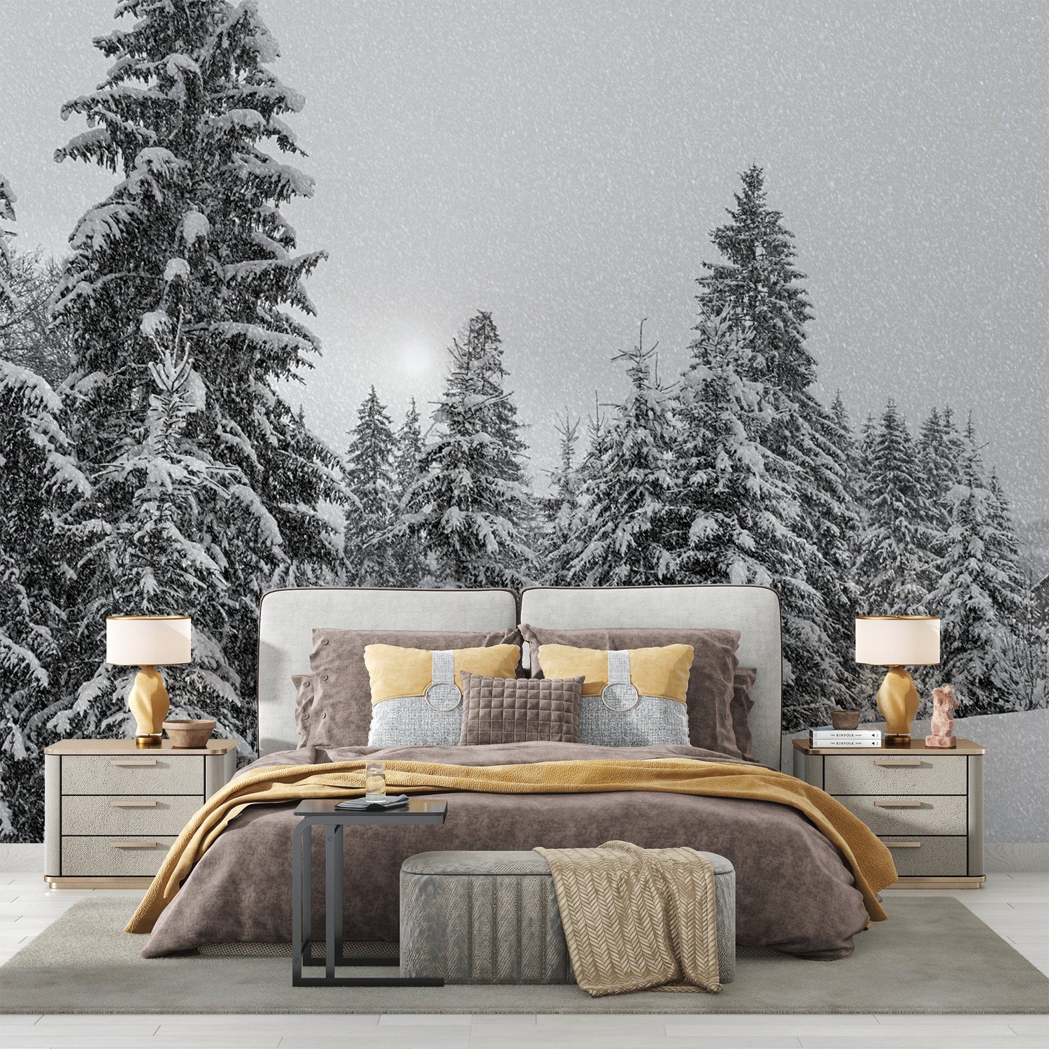 Black and white pine tree wallpaper creating a cozy atmosphere in a modern living room with minimal furniture