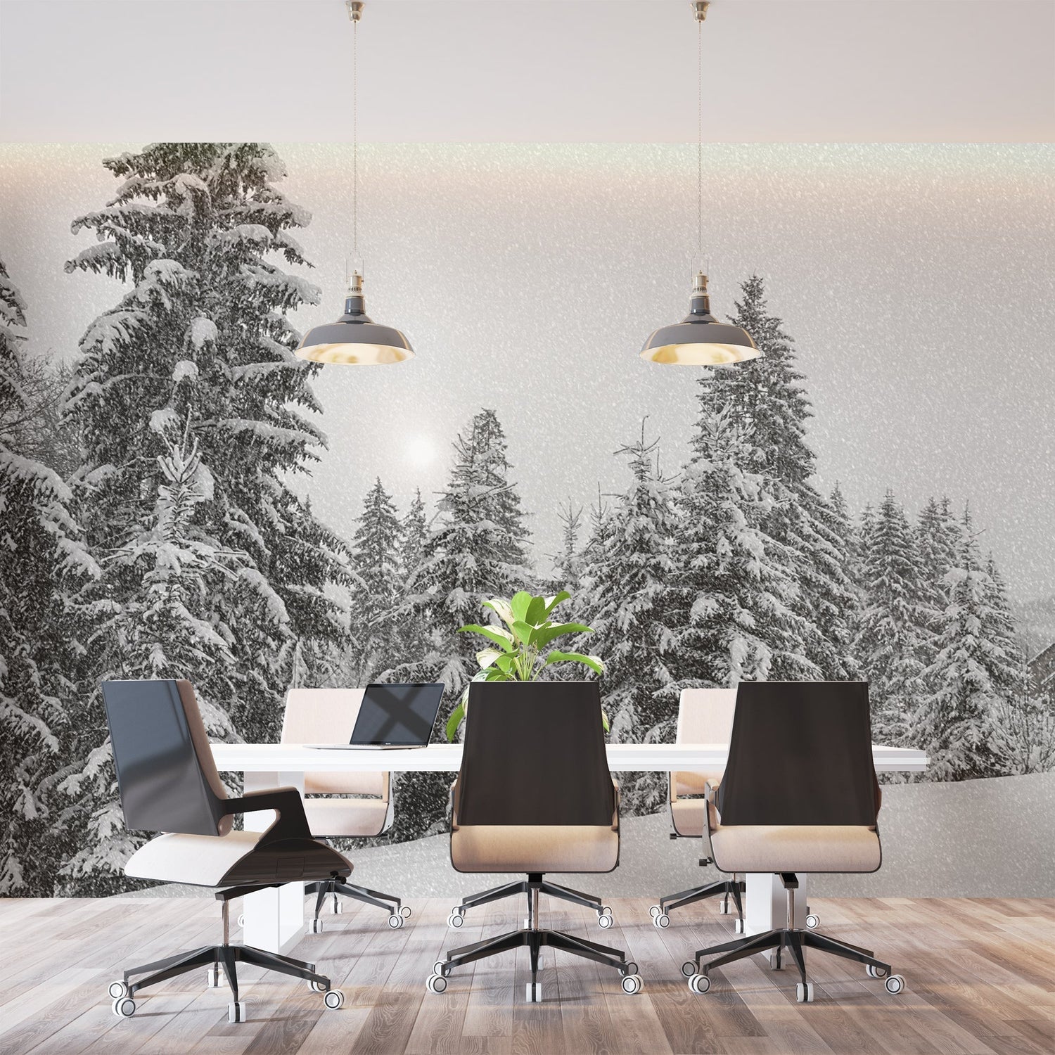 Winter forest wallpaper transforming a dining room with dramatic black and white contrast