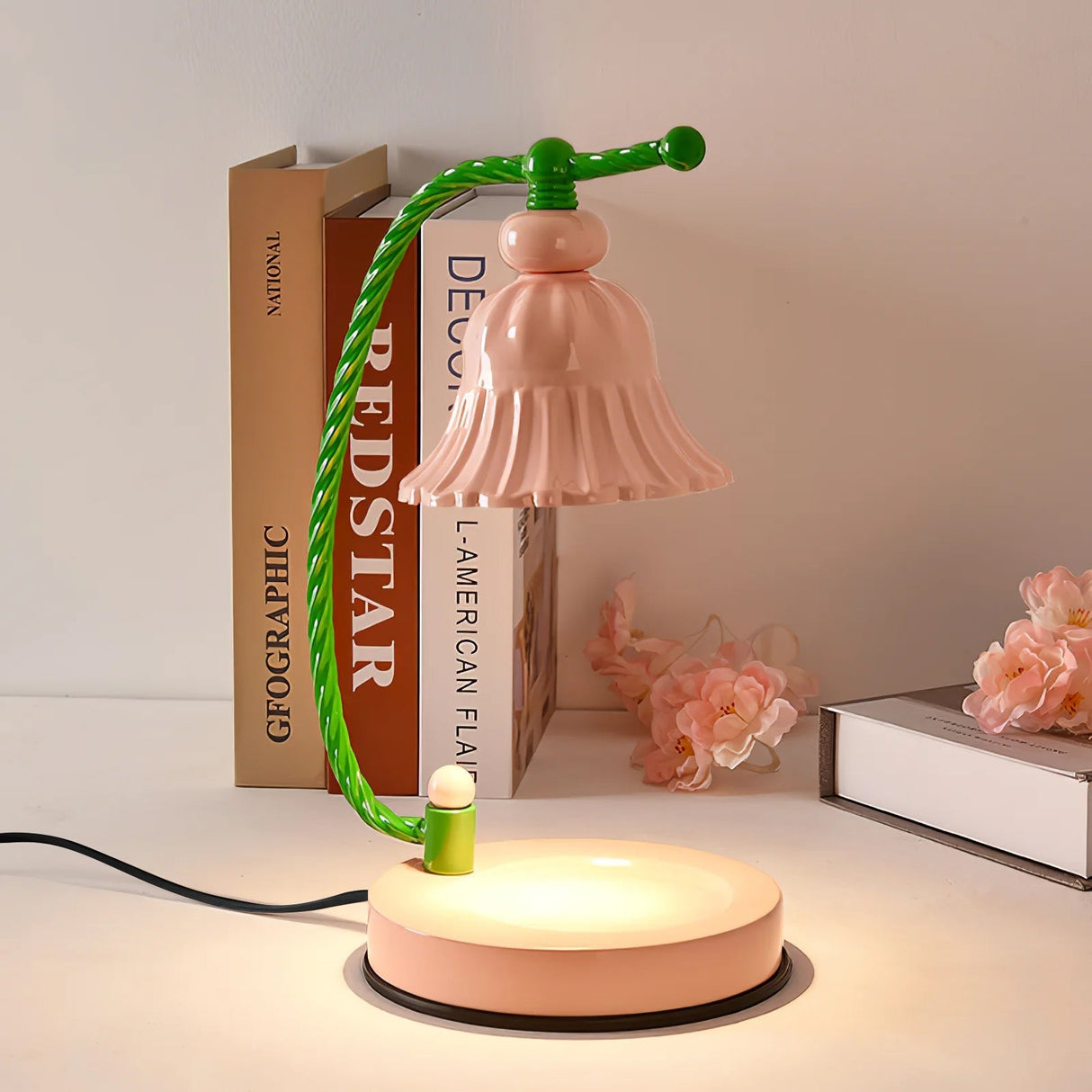 Floral Glass Table Lamp Pink Bell Shade Design - Product example