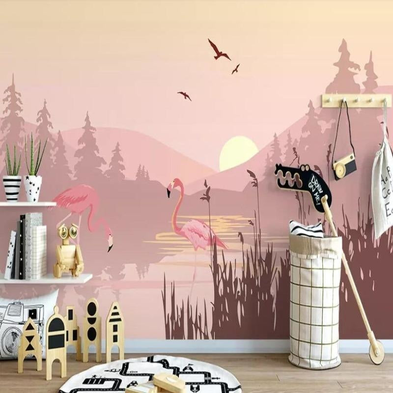 Pink Flamingo wallpaper mural styled in a modern bedroom, creating a peaceful sanctuary with soft sunset colors