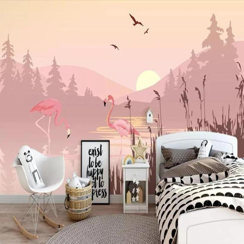 Flamingo lake wall mural showcased in a living room, adding depth with its dreamy pink sunset scene
