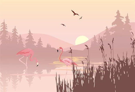 Pink Flamingo wallpaper design file showing detailed lake scene with graceful birds and sunset colors