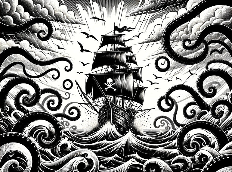 Pirate ship wallpaper design file showing detailed black and white nautical pattern with waves and sailing vessel