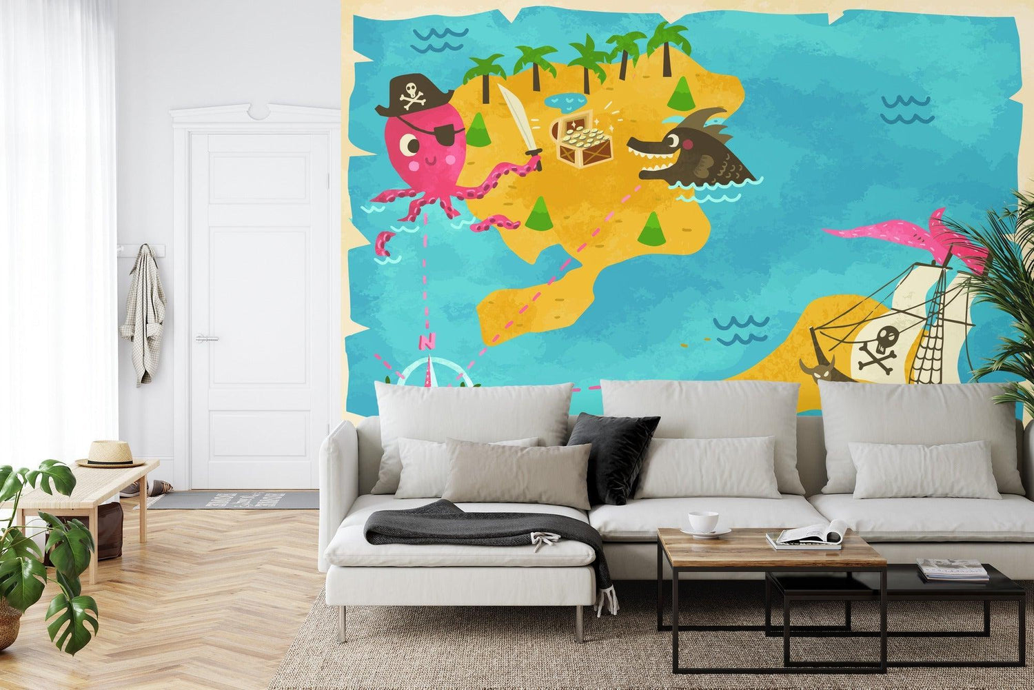 Treasure map wall mural creating a fun learning corner in a bright playroom setting