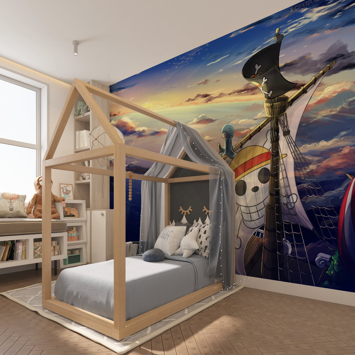 Pirate themed wallpaper bringing warmth to a teen's gaming room setup