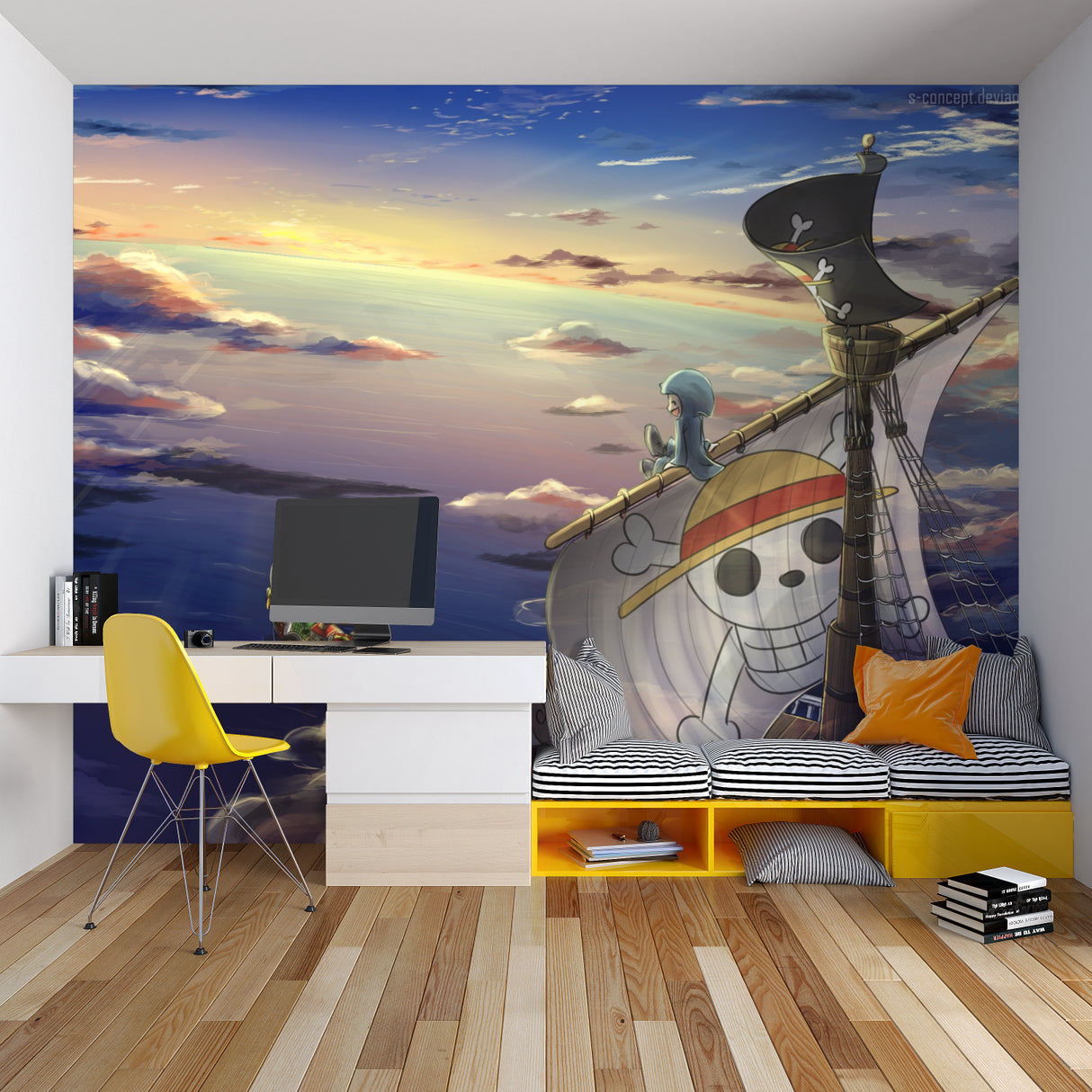 Sunset pirate ship scene adding character to a coastal style bedroom