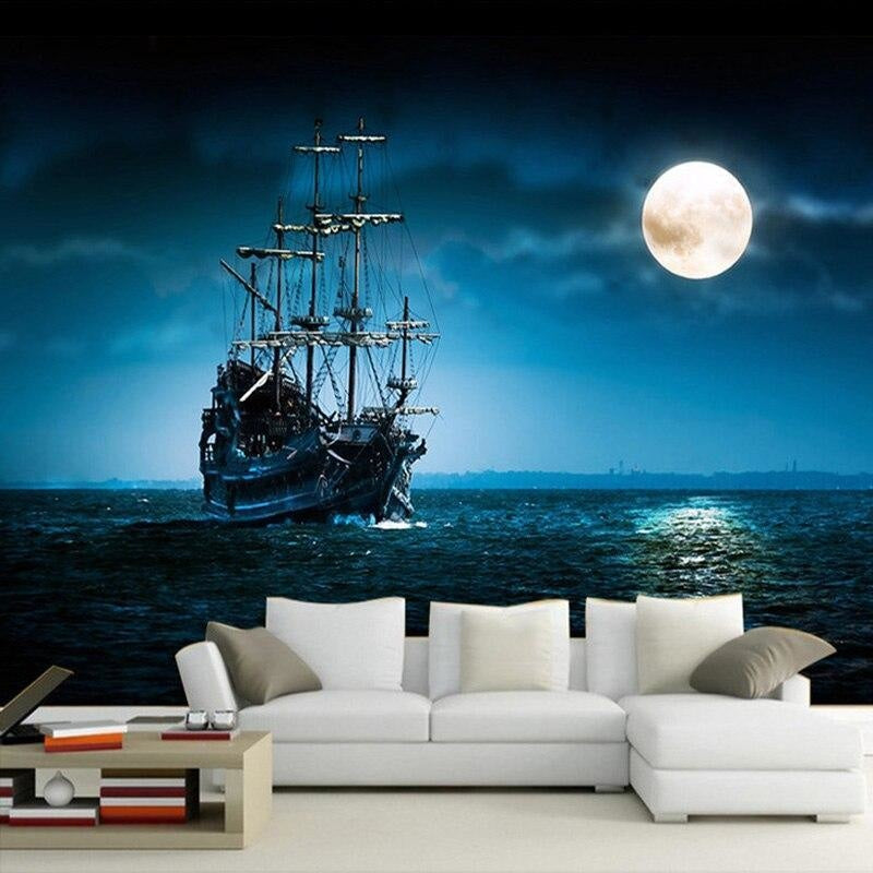 Pirate ship wallpaper creating a magical atmosphere in a cozy kids bedroom with soft lighting